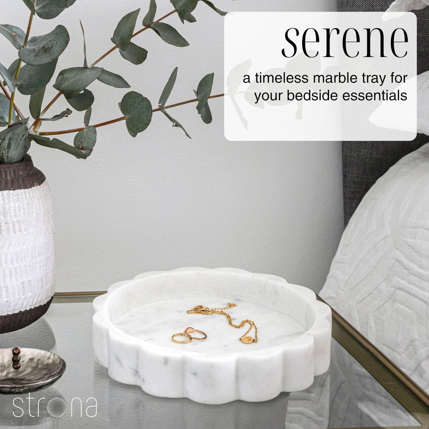 STRONA White Scalloped Marble Tray - 8" Round Stone Vanity Tray for Perfume & Jewelry, Marble Dish for Bathroom Countertop & Kitchen Counter, Decorative Tray for Bathroom & Kitchen, Modern Catchall