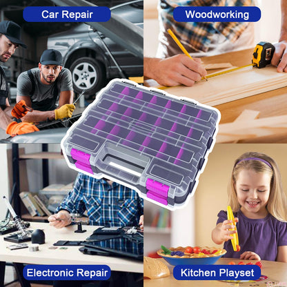 Tools Organizer Box Small Parts Storage Box 50-Compartment Double Side Hardware Organizers with Removable Plastic Dividers for Screws, Nuts, Nails, Bolts, Purple
