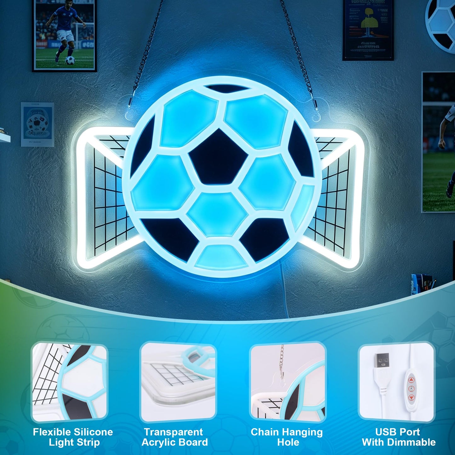 Okayera Soccer Neon Sign, Dimmable Football LED Lamp for Wall Decor, Light up Sports Sign for Bedroom Playroom Man Cave Club Party College Dorm Decor, Cool Teenager Boy Kid Birthday Holiday Xmas Gifts