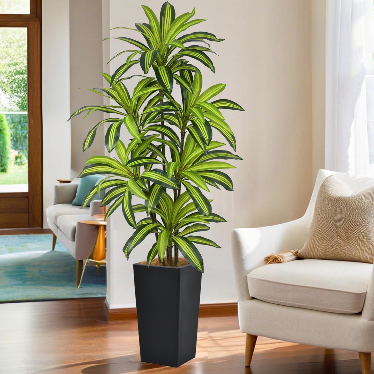 Artificial Dracaena Tree 6FT(72in) Tall Fake Silk Yucca Tree with Black Planter, Faux Floor Potted Artificial Plants for Home Office Living Room Indoor Decor (6feet,Tall Pot)