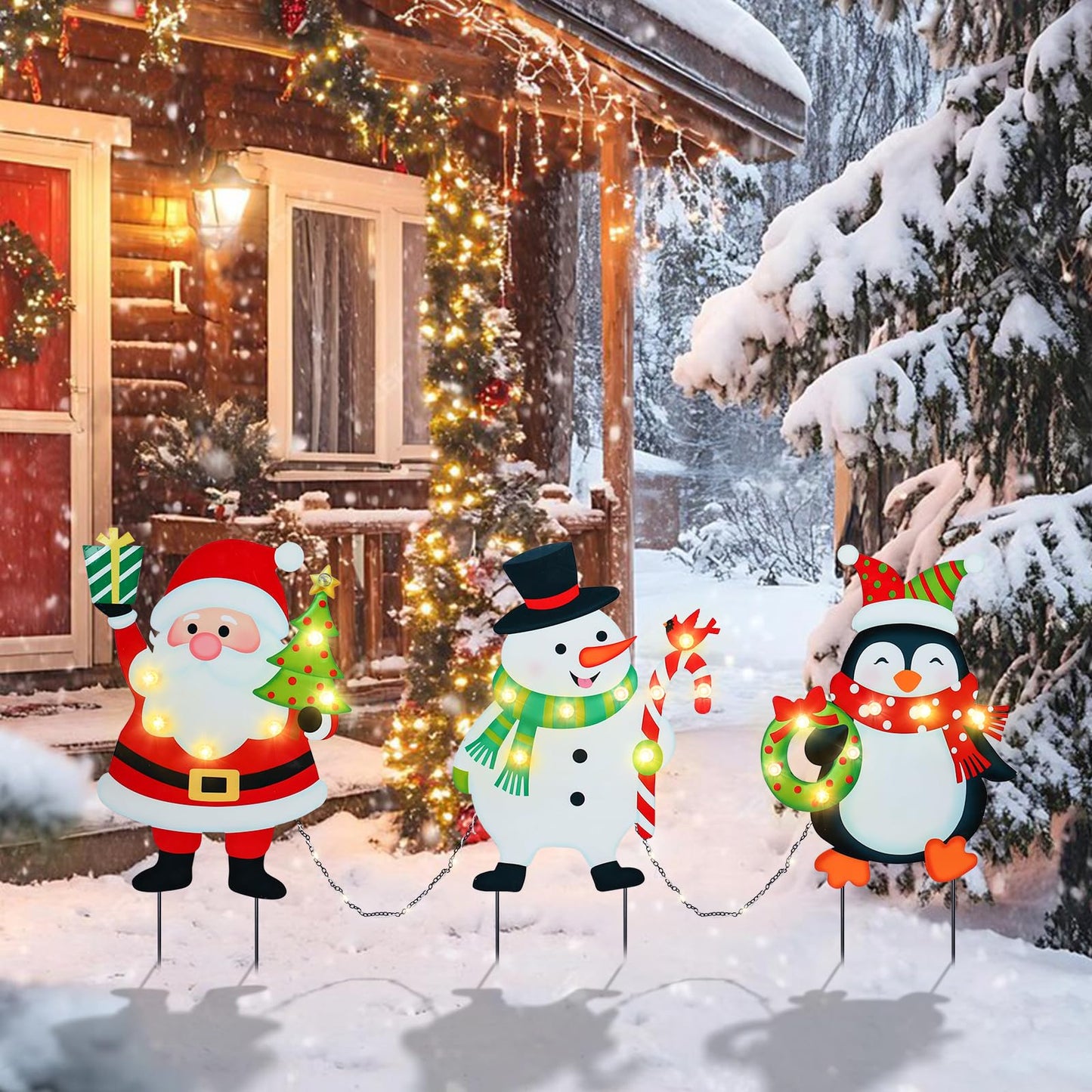 WONDER GARDEN Christmas Yard Stakes, 3 PCS LED Light Xmas Yard Signs with Santa Claus, Snowman, Penguin Christmas Yard Decorations for Lawn Party Decorations