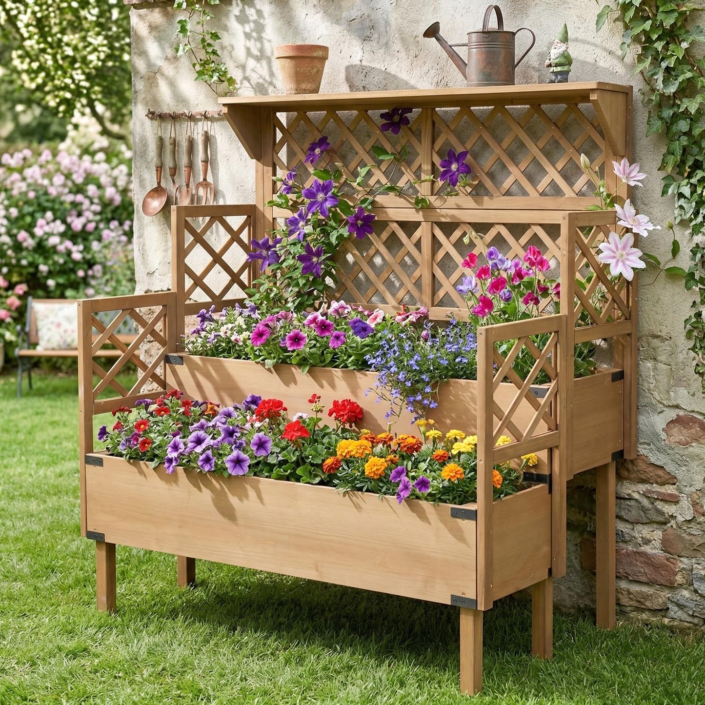 Raised Garden Bed with Trellis, 2-Tier Elevated Planter Box, Wooden Outdoor Planter for Vegetables Herbs Flowers, Lattice Back for Climbing Plants, Modern Minimal Design for Patio Balcony Backyard