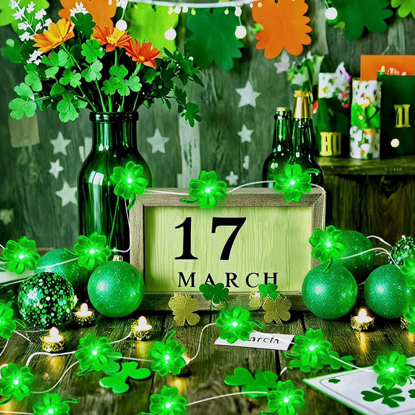 Aogist Super Bright 50LED Shamrock String Lights - 16ft St Patrick's Day 3D Clover Fairy Lights Battery Operated for Indoor/Outdoor Irish Party, Wedding, Holiday Green Decor - 2 Pack