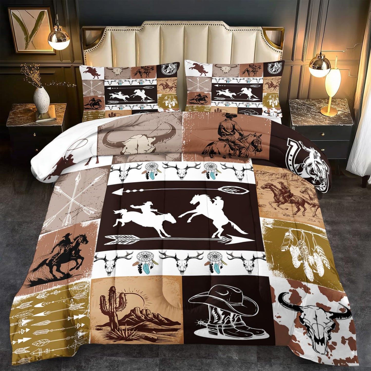llyxsesty Cowboy Comforter Set Queen Western Bedding Set for Teens Desert Cactus Comforter Queen Hunting Quilt Farmhouse Bedroom Decor America West Bedding Country Home Decor Bedroom