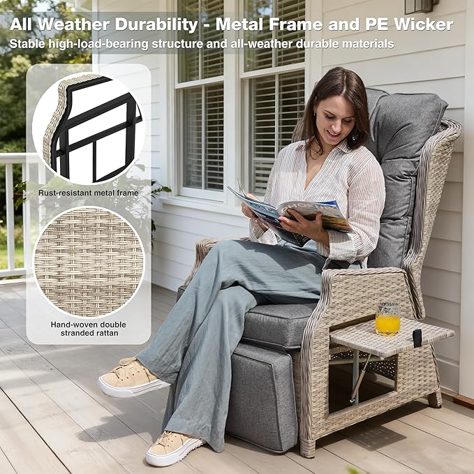 Outdoor Recliner with Adjustable Back and Footrest, Patio 150° Lay Flat Recliner with Flip Table Wicker Reclining Lounge Chair, Grey with Beige Wicker 2PCS