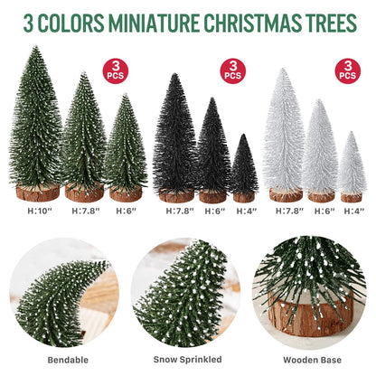9Pcs Mini Christmas Trees Christmas Decor Artificial Christmas Decorations with 4 Sizes, Christmas Tree Bottle Brush Trees Christmas Table Decorations (Green Silver Black)