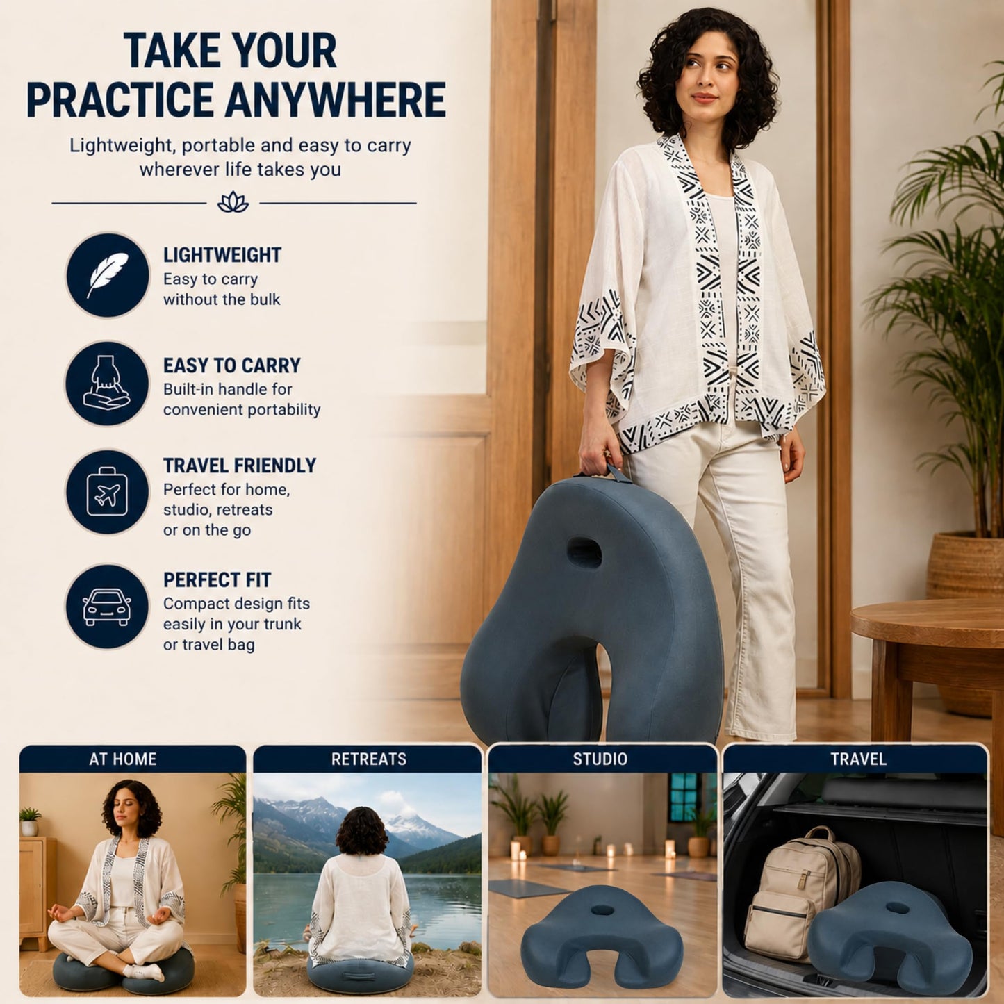 Ergonomic Meditation Cushion with Foot Rest & Carry Strap – Large Floor Cushion for Adults – Meditation Seat & Yoga Cushion for Mindfulness, Sound Healing & Reiki
