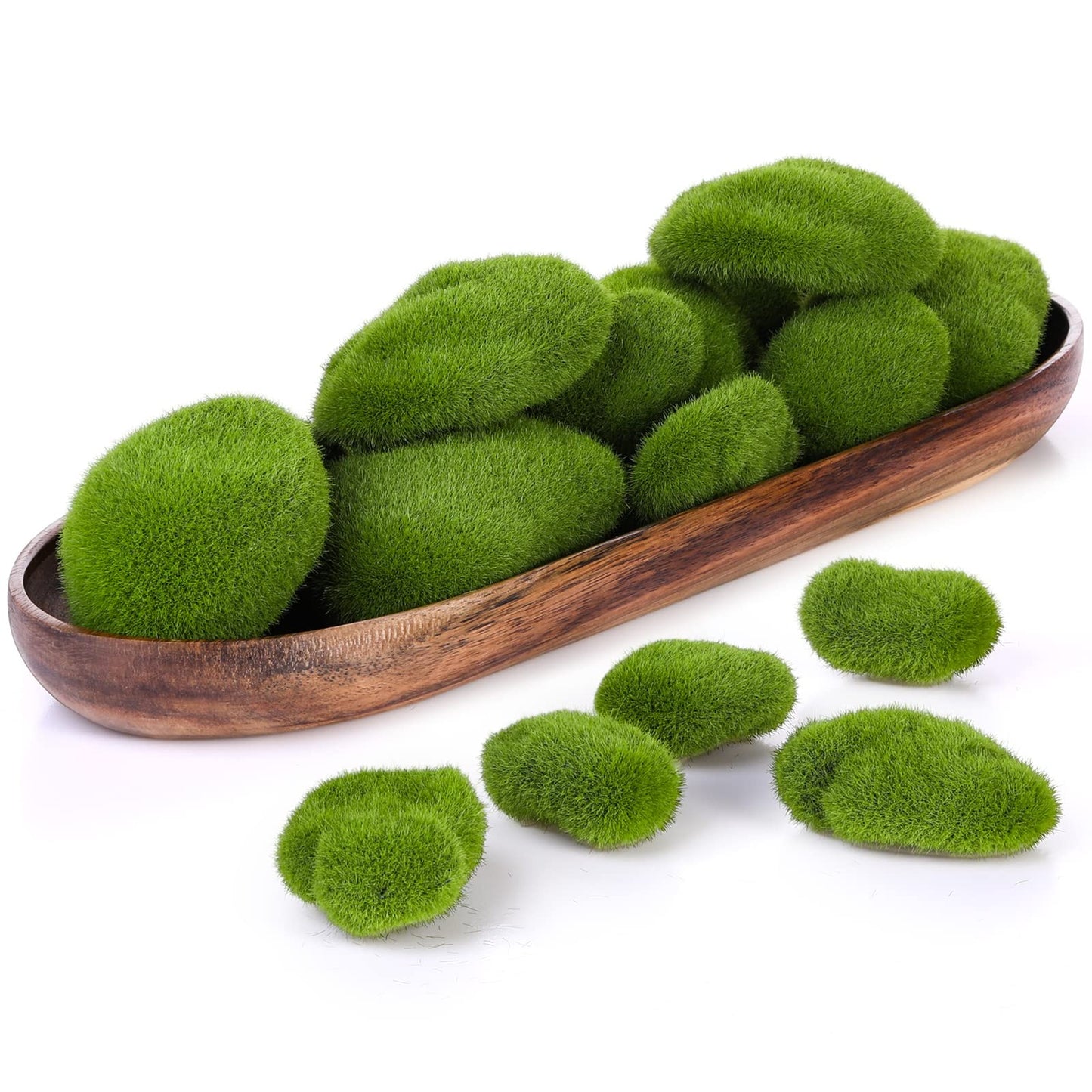 Kathfly 18 Pcs 6 Sizes Artificial Moss Rocks with Oval Wood Tray 13.8'' x 4.7'' x 1.2'', Small Green Moss Balls Decorative Fake Moss Decor Serving Trays Platters Wooden Plate for Garden Kitchen Decor