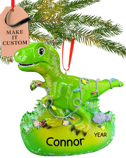 Personalized T-Rex Dinosaur Ornament 2025 | Free 24h Customization | Laser Engraved Kids Christmas Ornaments for Tree | Custom Gift Wrapped Green Dino Keepsake for Toddlers, Girls, Boys 2-10