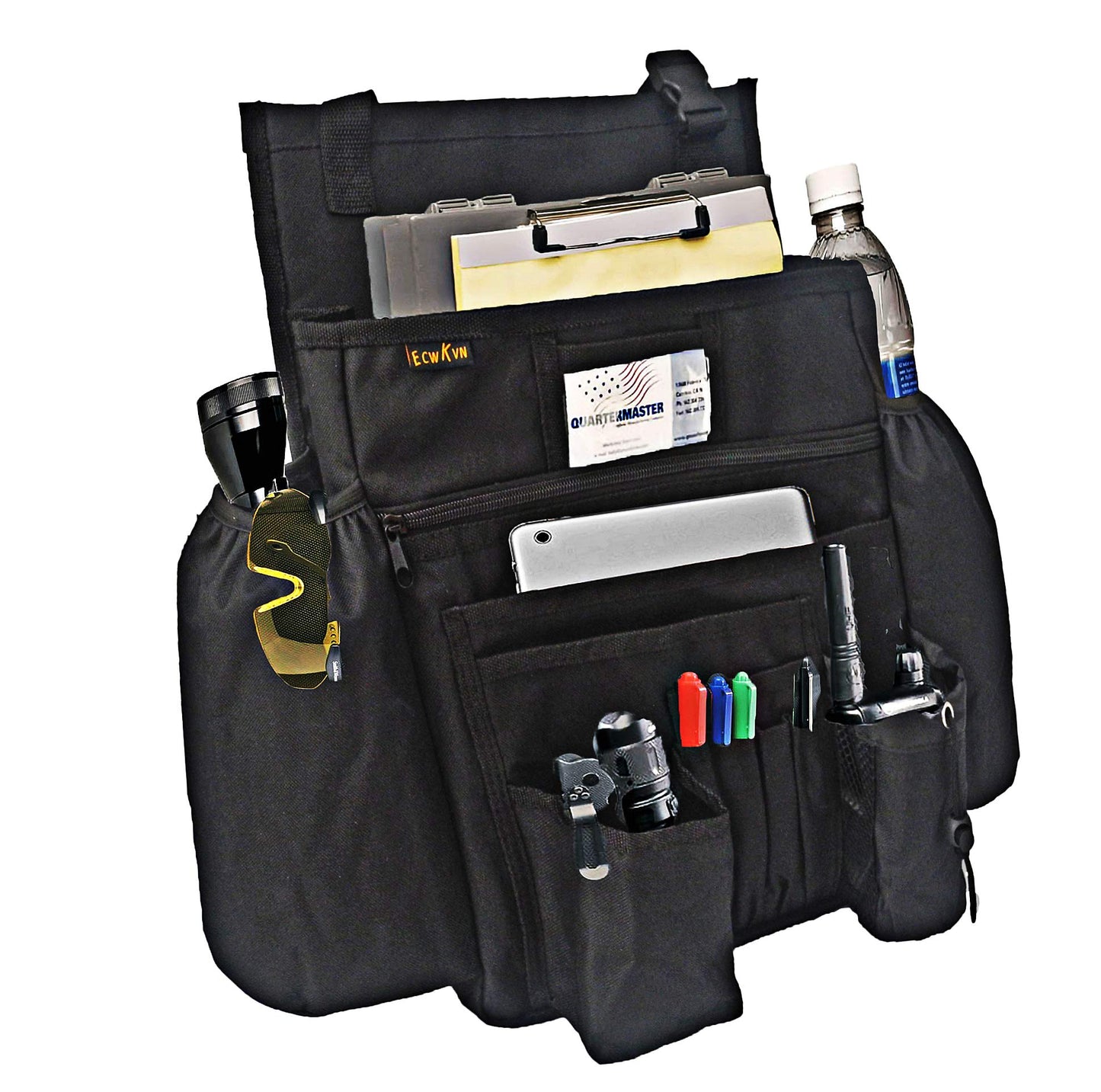 ECWKVN Car Front Seat Organiser -Car File Patrol Bag,Heavy Duty Passenger Tidy Backseat Organiser-Vehicle Storage Bag with 10 Multi Pockets for Laptops Tablet Cup Holder,Black