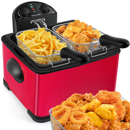 Secura 1700-Watt Stainless-Steel Triple Basket Electric Deep Fryer with Timer Free Extra Odor Filter, 4L/17-Cup, Red