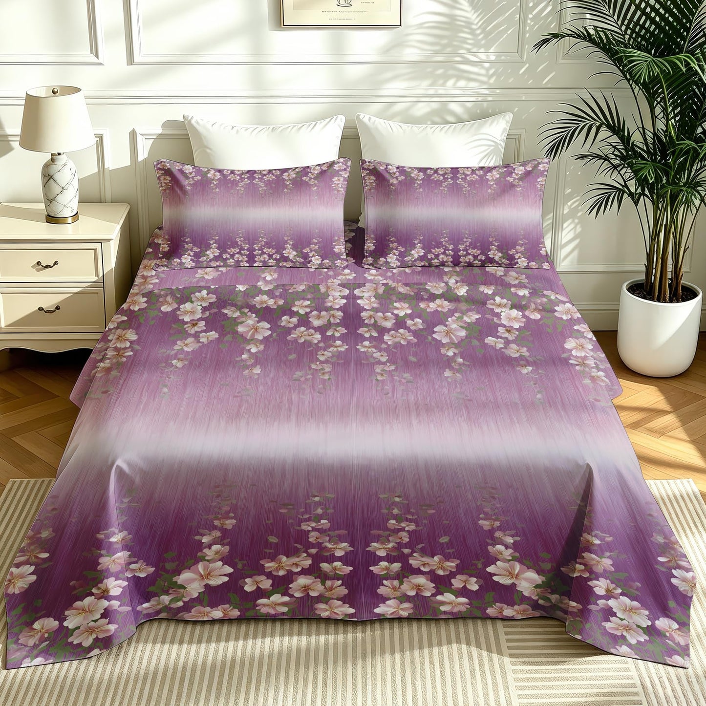 Girls Flower California King Sheet Set 4 Pcs Purple Gradient Bed Sheets