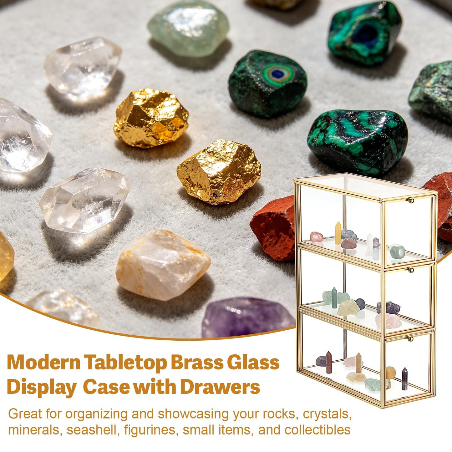 JUXYES Tabletop Brass Glass Rock Display Case with 3 Drawers - Modern Clear Rocks Collections Display Case Box - Gold Dust Proof Case Small Shelf for Collectible, Mineral Crystal, Rock, Stones