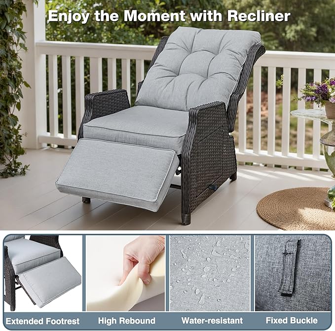 Outdoor Indoor Wicker Recliner with Adjustable Back and Footrest, Patio Reclining Chair with Flip-up Table, Outdoor Rattan Lounge Chair, Light Grey