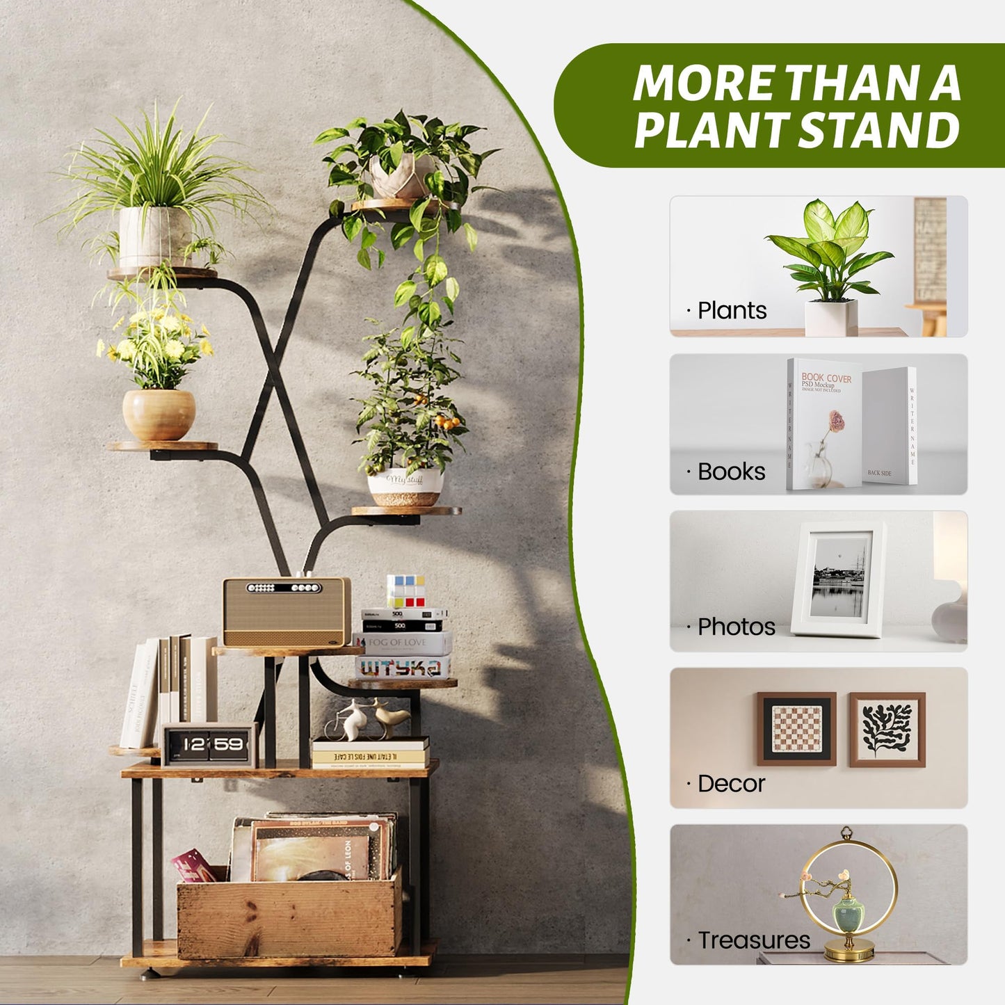 DIOOSN Tall Plant Stand, 9-Tier Tiered Indoor Plant Stand Multiple Shelves, Stable Plant Stand Indoor with Grow Lights for Home, Office, Balcony & Patio
