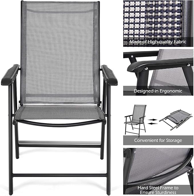 Giantex Set of 4 Folding Patio Chairs, Outdoor Portable Dining Chairs for Garden Camping Poolside Beach Deck Lawn, 4-Pack Sling Armchairs, Metal Frame, Grey