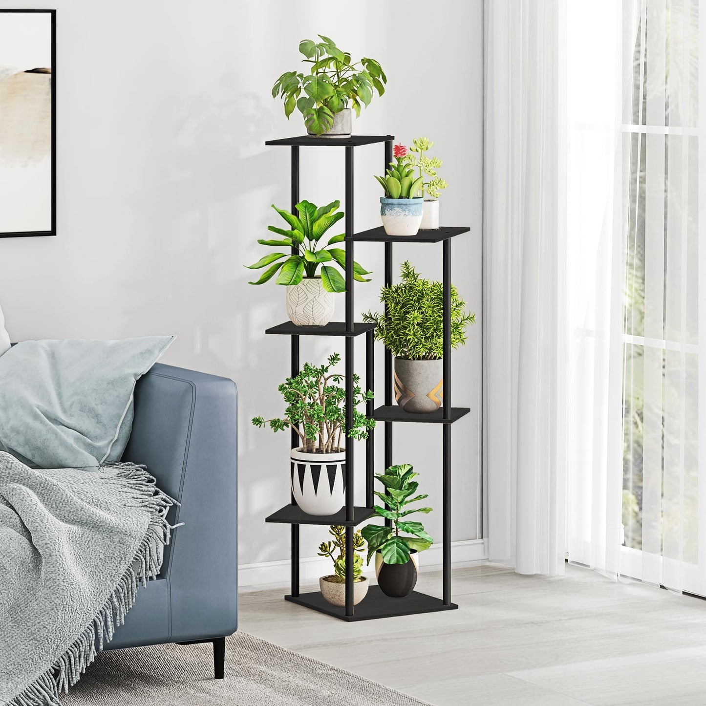 HAYOFAMY 6 Tier Plant Stand Indoor, Tall Plant Shelf Metal Wood Multiple, Flower Pot Holder for Living Room Office Balcony Patio, Black