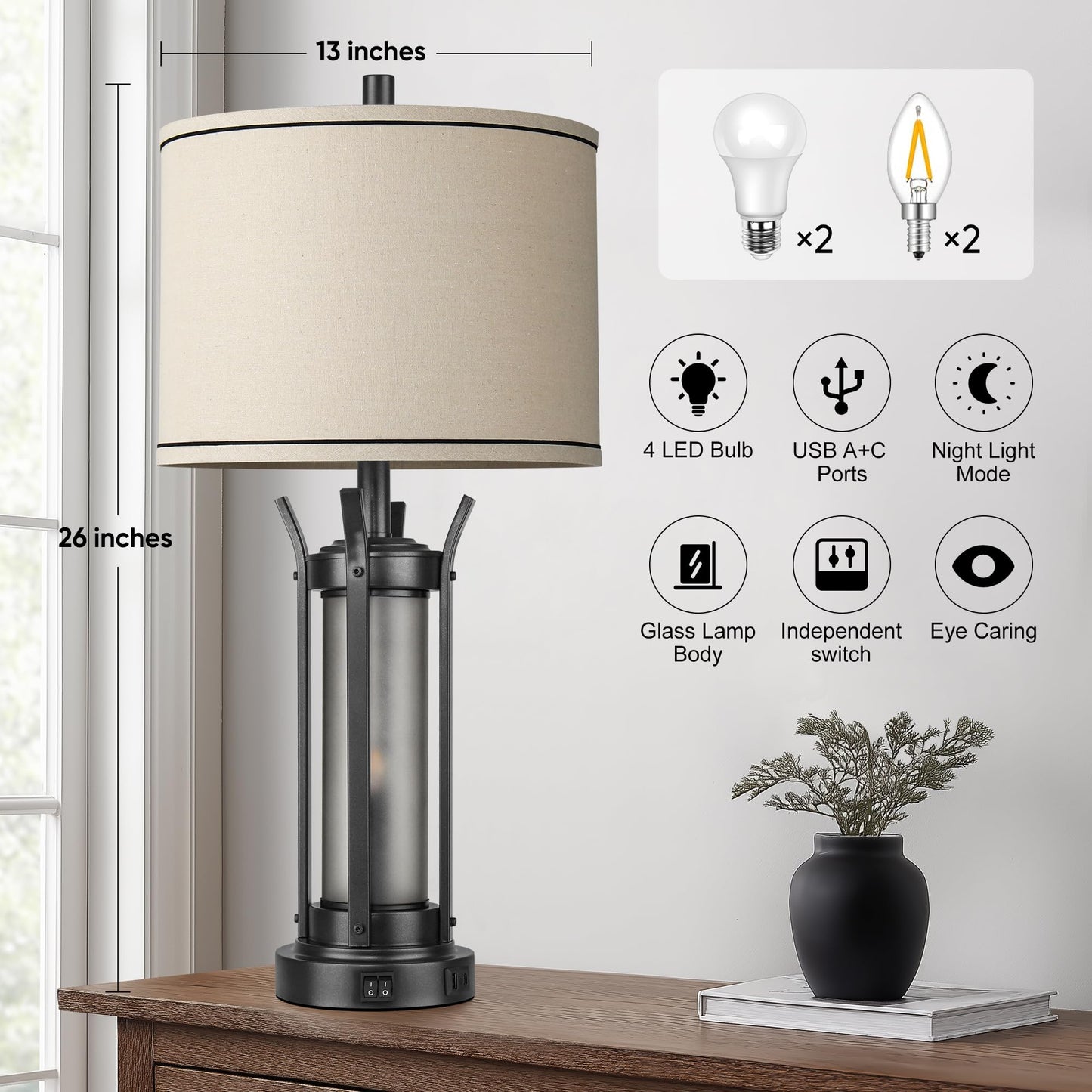 QiMH 26" Table Lamps Set of 2, Rustic Bedside Lamps with USB A+C Charging Ports, Farmhouse Industrial Nightstand Lamp with Frosted Glass Night Light for Bedroom Living Room, Black, 4 Bulbs Included