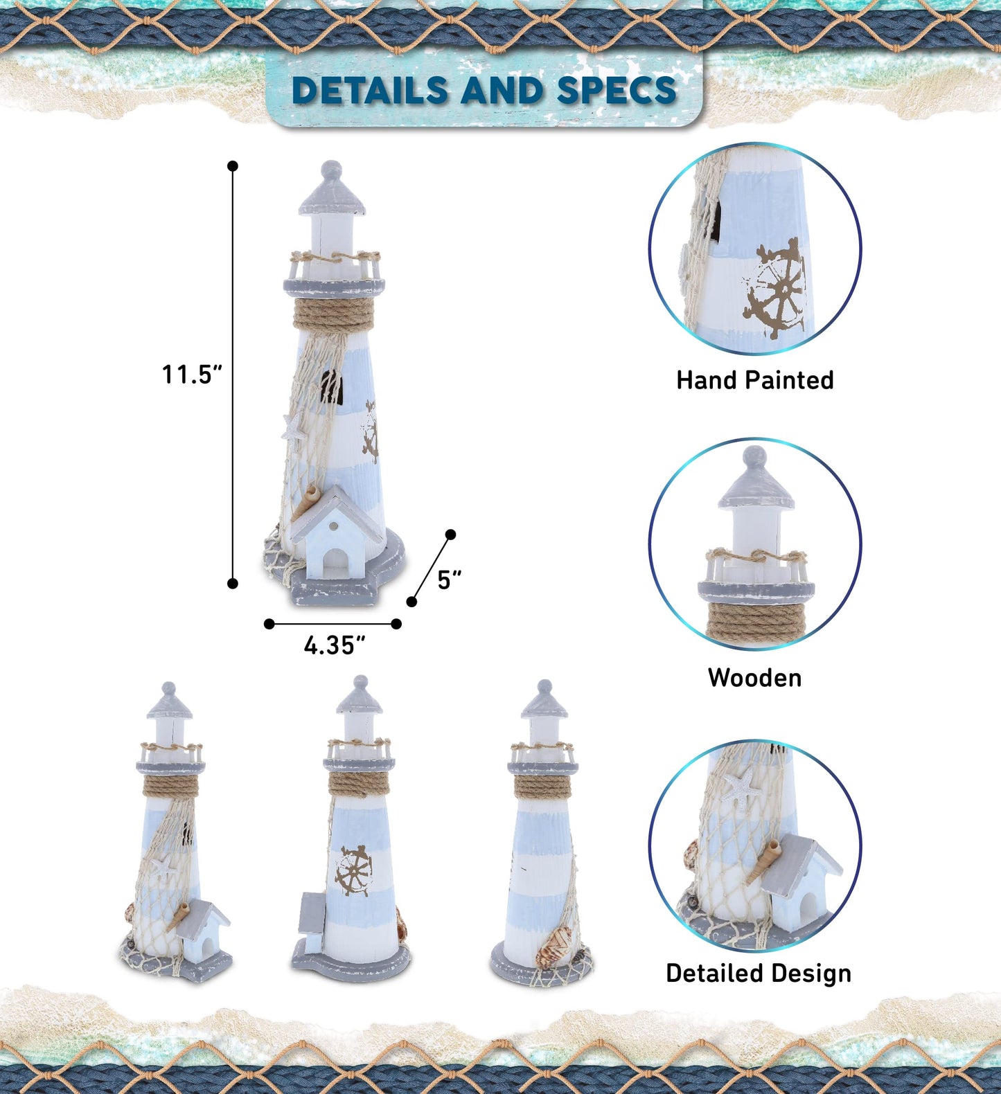 CoTa Global Moonlight Wooden Lighthouse Decor - Handcrafted Nautical Decor Light House with Fish Net Decoration and Cool Ocean Ornament Shells, Wooden Sculpture for Tabletop Centerpiece - 11.5 Inches