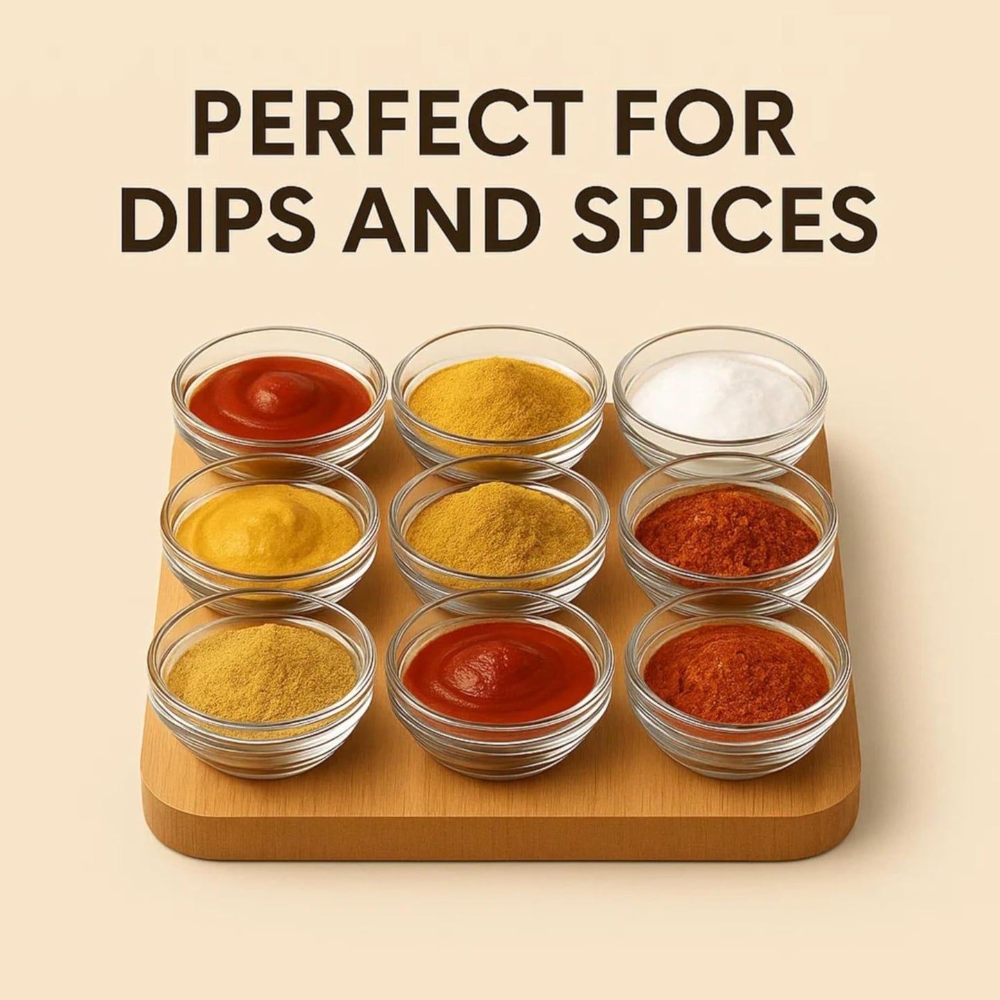 JO! Small Glass Bowls Set with Wooden Serving Tray - Set of 9 Mini Glass Dipping Bowls (1 oz) with Charcuterie Board - Ideal for Party, Snacks and Condiment - Dishwasher & Microwave Safe