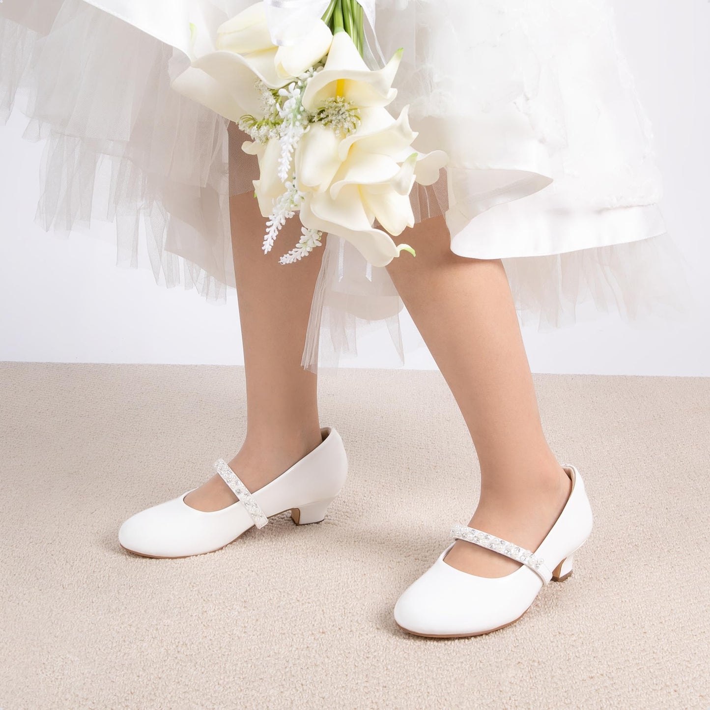 DREAM PAIRS Girls Party Shoes Low Heels for Little Big Girl Mary Jane Shoes with Pearl Rhinestones Flower Girl Pumps Princess Wedding,Size 3 Big Kid,White,SDFL2403K