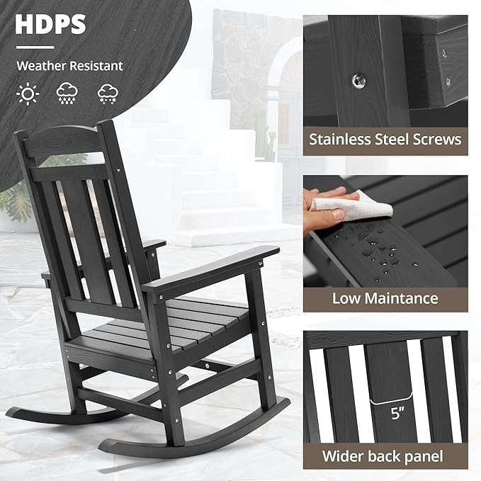 LUE BONA Outdoor Rocking Chairs Set of 4, Weather Resistant HDPS Poly Rocker Chairs, 350lb Heavy Duty, Oversized Porch Rocker for Adult, High Back Smooth Rocking Chairs for Outdoor & Indoor, Gray