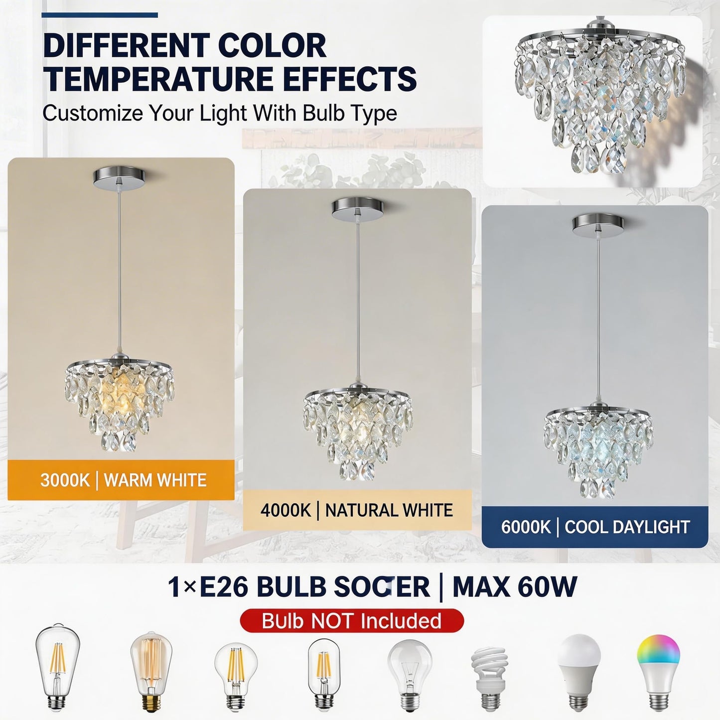 HongnuoFc Mini Crystal Chandelier Small Modern Crystal Flush Mount Ceiling Light for Hallway Closet, E26 Base, K9 Crystal (Chrome-Pendant)