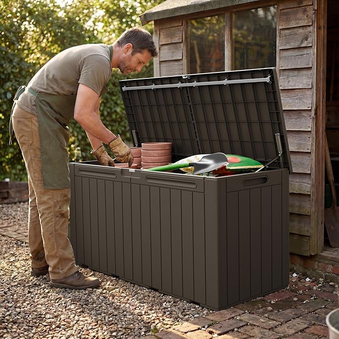 Greesum 110 Gallon Outdoor Storage Box with Lockable Lid, All-Weather Solution for Patio Furniture, Pool Supplies & Garden Tools, Waterproof, UV-Resistant Large Deck Box, Brown