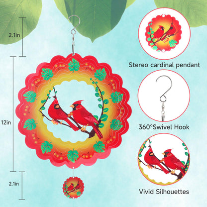 Cardinal Wind Spinners Gift for Women Men, 12 Inch Outdoor Metal 3D Wind Spinner Garden Yard Decor, Hanging Wind Catchers Stainless Steel Kinetic Sculpture for Outside Decoration