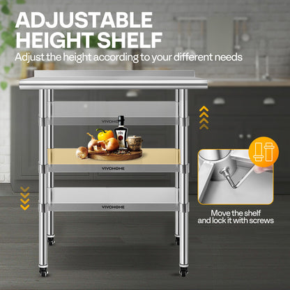 VIVOHOME 24 x 36 Inch Stainless Steel Work Table with Backsplash, Prep Commercial Table with Wheels for Restaurant, Hotel, Home and Warehouse