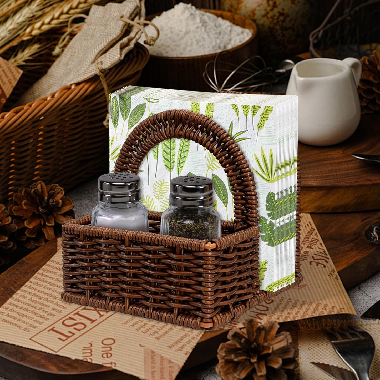 Plastic Rattan Napkin Holder with Salt and Pepper Shakers Holder for Table, Kitchen countertop Organizer - Multi-Functional Storage(Without Salt, Pepper Shakers & Napkins)