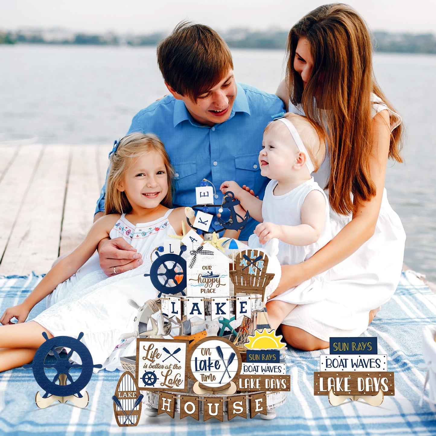 Mifoci 19 Pcs Summer Lake Tiered Tray Decor Set Farmhouse Wood Summer Ocean Boat Anchor Table Decorations Tabletop Rustic Wooden Table Signs for Home Kitchen Decoration