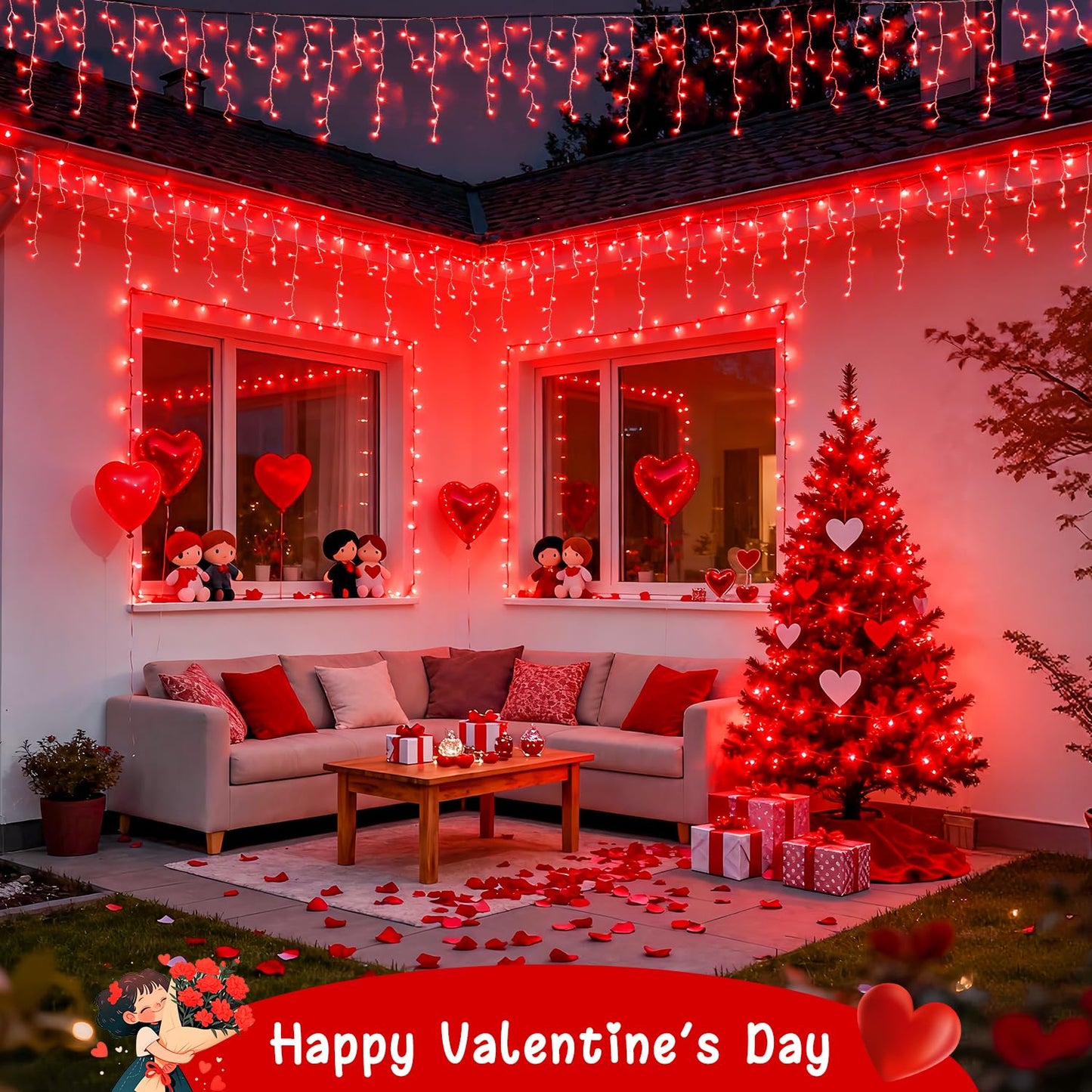 JMEXSUSS 400 LED Red Valentine Lights Outdoor, Connectable Red Icicle Lights Indoor Outdoor with Remote, Christmas Light for Valentine Room Fireplace Christmas Decorations