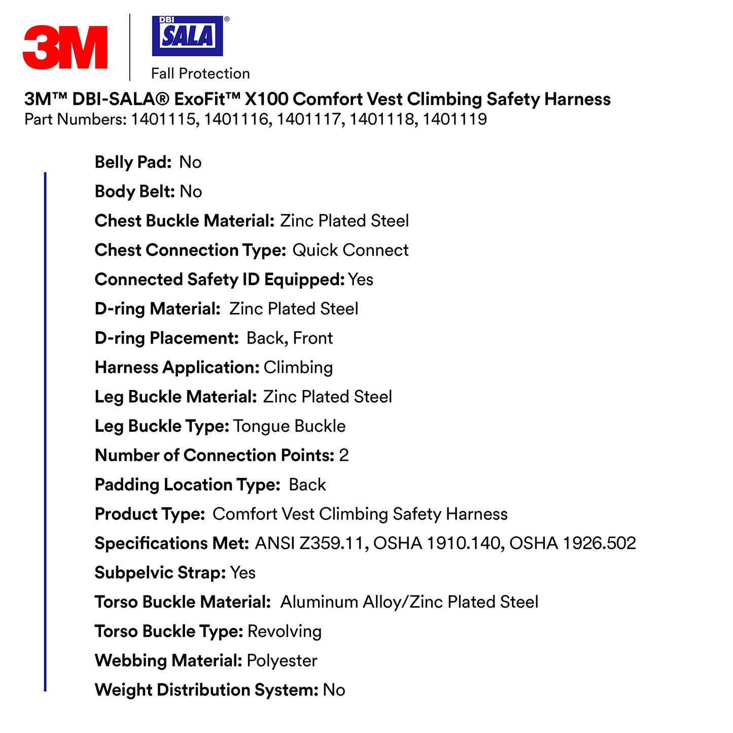 DBI-Sala 3M DBI-SALA ExoFit X100 Comfort Vest Climbing Harness Fall Protection, OSHA, ANSI, Front and Back D-Rings, Tongue Buckle Leg Straps, Quick Connect Chest Buckle, Zinc Plated Steel, 1401119, 2X
