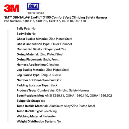 DBI-Sala 3M DBI-SALA ExoFit X100 Comfort Vest Climbing Harness Fall Protection, OSHA, ANSI, Front and Back D-Rings, Tongue Buckle Leg Straps, Quick Connect Chest Buckle, Zinc Plated Steel, 1401119, 2X