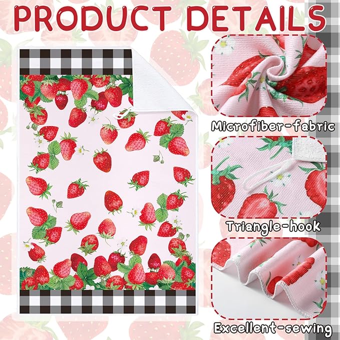 Bencailor 4 Pcs Strawberry Kitchen Towels Spring Berry Hand Dish Towels