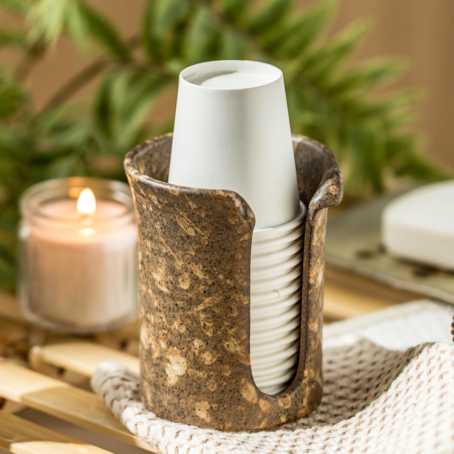 YHOJOY Ceramic Bathroom Cup Dispenser, 3 Oz Mouthwash Cup Dispenser Bathroom Cup Holder for Dixie Cups Rising Cups, Small Disposable Paper Cup Holders, Brown