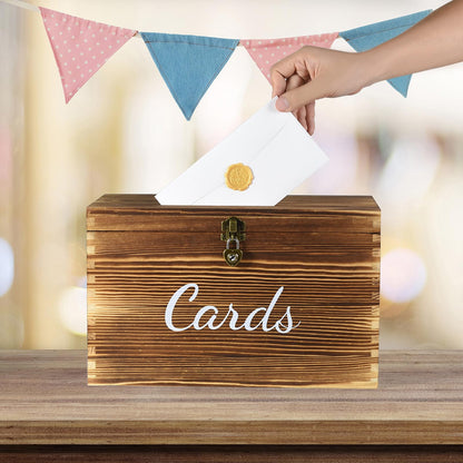 Wongblee Wooden Wedding Card Box with Heart Shape Lock, 5 Chalkboard Label, 1 Erasable Chalk Marker, Rustic Gift Card Holder Box for Birthday, Wedding, Bridal Shower, Baby Shower