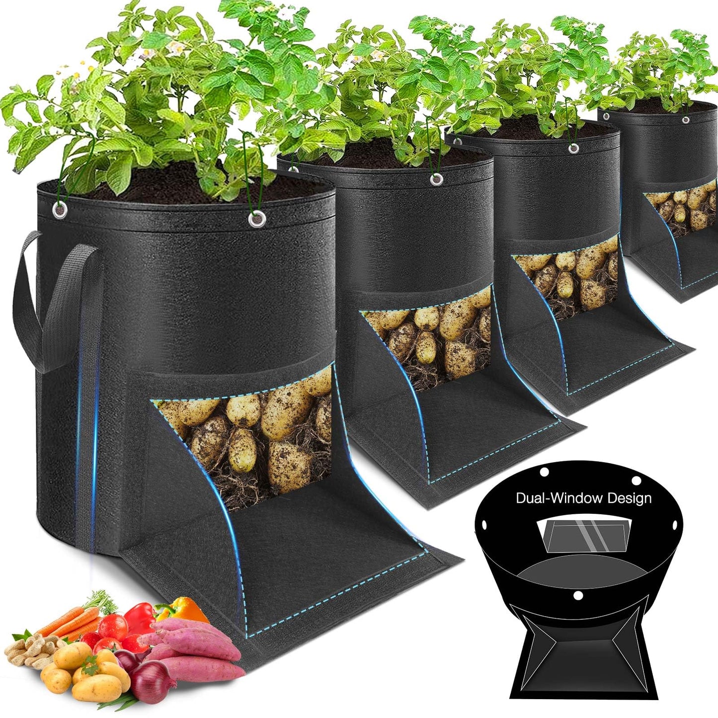 4 Pack Potato Grow Bags 15 Gallon with Harvest & Visible Window Thickened Garden Bags to Grow Vegetables with Handles & Metal Grommets for LST, Fabric Pots for Growing Carrots, Tomatoes, Onions