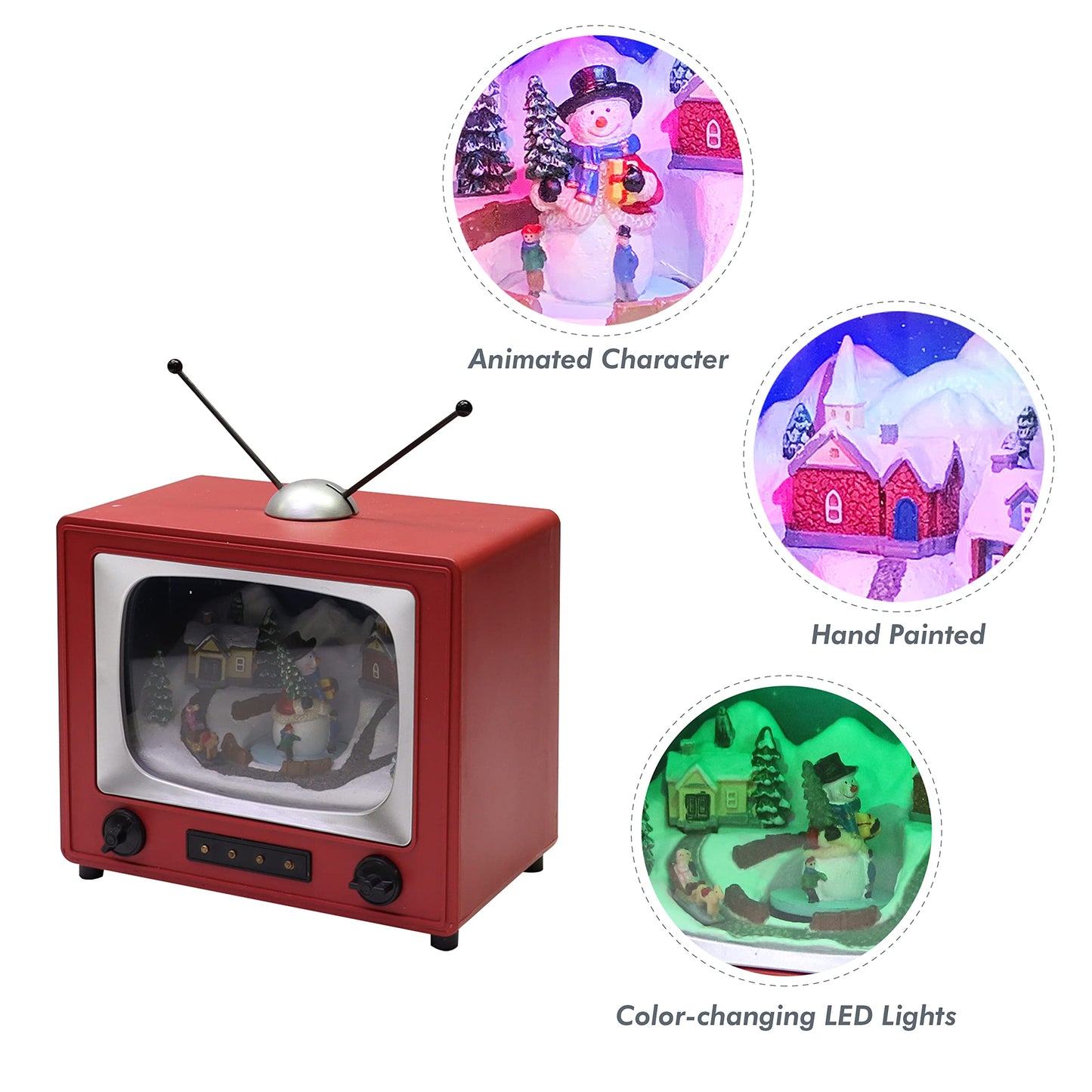 MOMENTS IN TIME Red Retro TV with Snowy Village Home Scene (Animated Snowman) with LED Lights 6" H, 8 Classic Carols Christmas Music Battery Operated Hand-Painted Resin Polyresin Injection Plastic