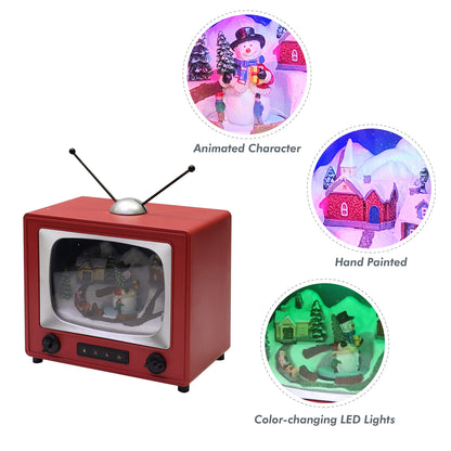 MOMENTS IN TIME Red Retro TV with Snowy Village Home Scene (Animated Snowman) with LED Lights 6" H, 8 Classic Carols Christmas Music Battery Operated Hand-Painted Resin Polyresin Injection Plastic