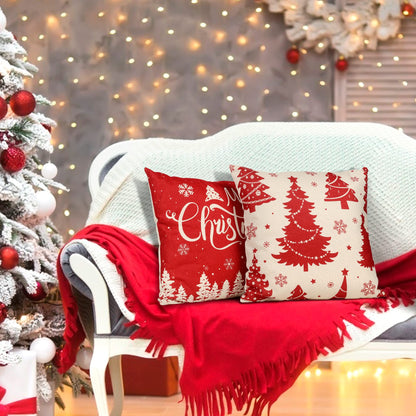 ButyHome Christmas Pillow Covers 18x18 Set of 4 Red Plaid Throw Pillowcase Christmas Decorations Deer Snowflake Farmhouse Linen Cushion Pillow Case for Home Decor Holiday Decorative
