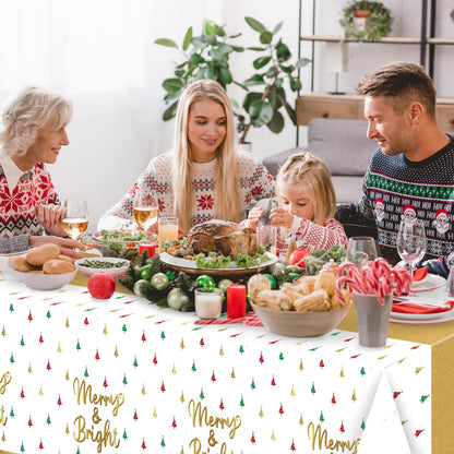 BkeeCten Christmas Winter Waterproof Tablecloths - 3 Packs Gold White Mini Christmas Tree Tablecloths Colorful Waterproof Table Cover Merry Bright Disposable Plastic Tablecloth Xmas Party Table Decor