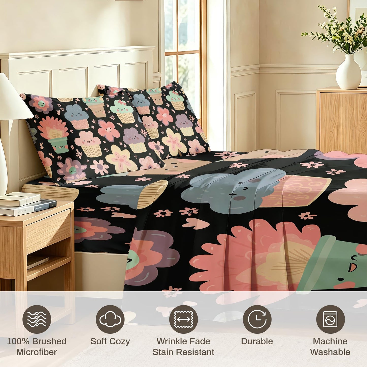 Girls Flower Bedding Set 4 Pcs Kawaii Food Full Sheets