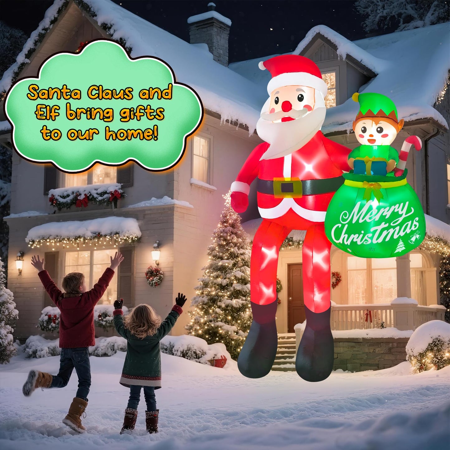 CORALMEE 10FT Christmas Inflatable Santa Claus Outdoor Decorations, Climbing Santa Inflatable Yard Decor with Elf & Built-in LEDs, Giant Christmas Blow up Decorations for Roof Balcony Plaza Street