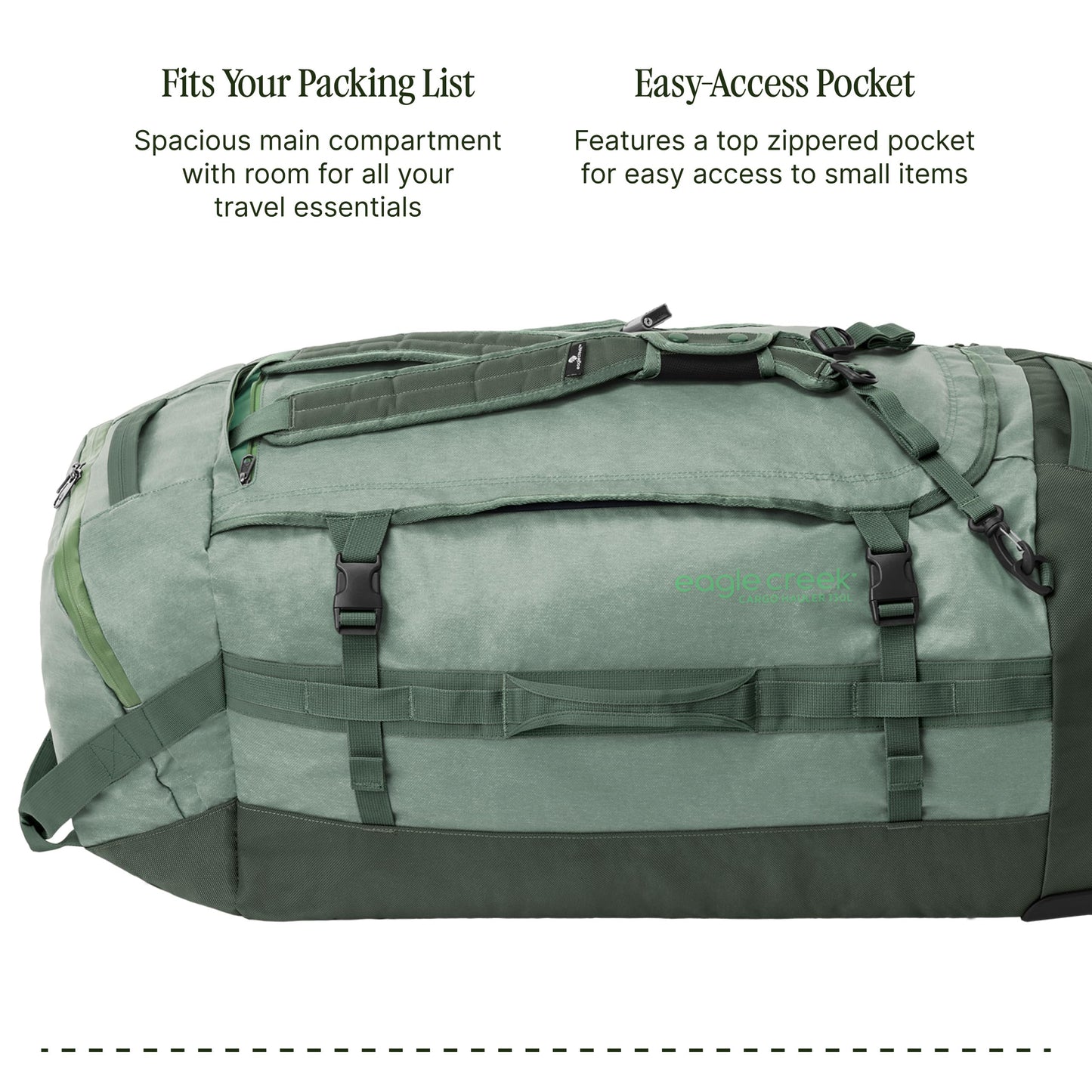 Eagle Creek Cargo Hauler Wheeled Duffel - Durable Duffel Bag for Travel - Easy Access Compartment - Deployable Backpack Straps - Lockable Zipper Opening - Duck Green - 130L