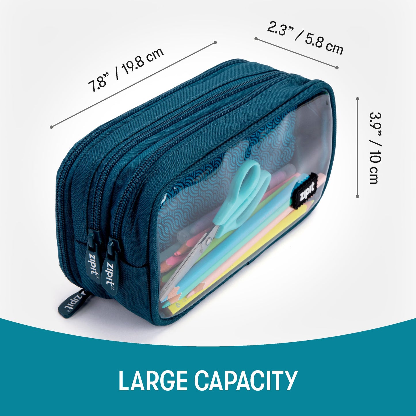 ZIPIT Half & Half Pencil Case | Large Capacity Pencil Pouch | Pencil Bag for School, College and Office (Teal)