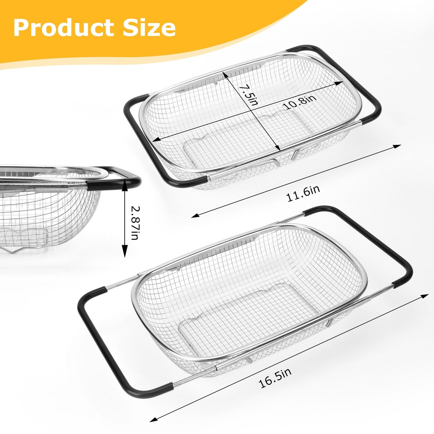 ZDRongZhen Kitchen Accessories Over the Sink Colander Strainer Basket，Stainless Steel Colander with Expandable Rubber Grip Sink Drainer-Rinse Vegetables Fruits &Strain&Drain (Large-Dense round hole)