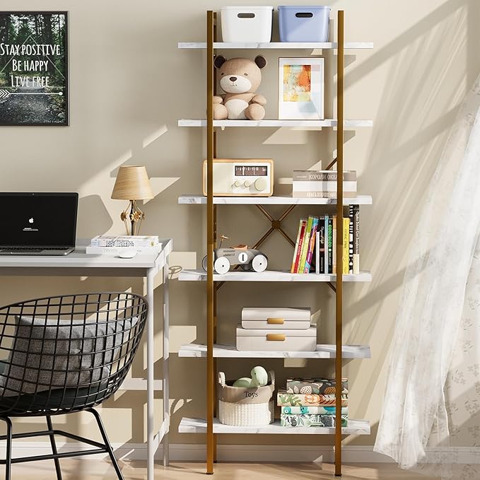 6 Tiers Bookshelf Organizer White Faux Marble Shelf, Modern Open Display
