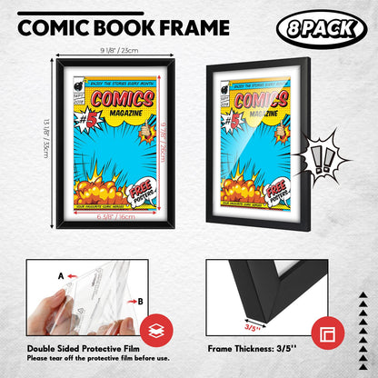 Geetery 8 Pack Comic Book Frame, UV Protection, Comic Picture Magazine Frames Fits Current up to 6 3/4 x 10 1/4, Wall or Tabletop Display with Spring Clips Installed Hangers(Black (White Mat))
